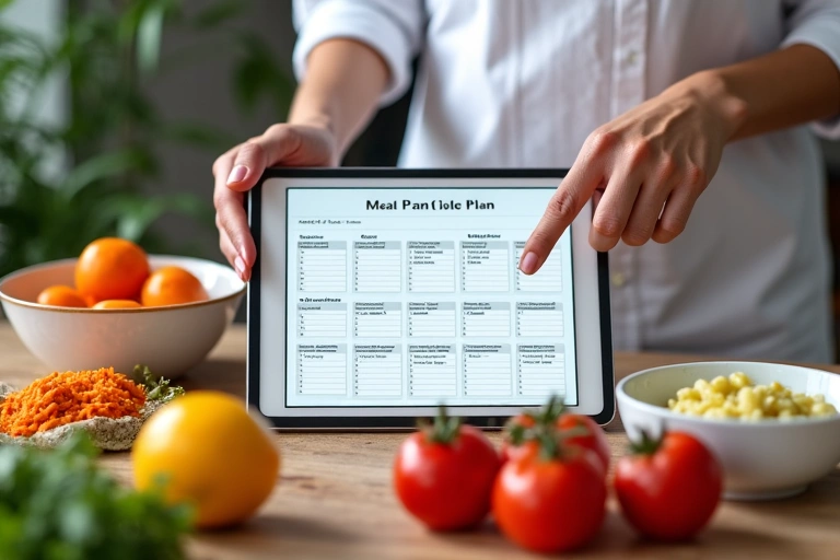 Manos de un nutricionista señalando un plan de comidas impreso y digital en una tablet, con alimentos frescos y saludables en la mesa.