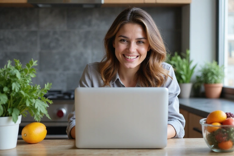 Mujer feliz haciendo una videollamada en su laptop con un fondo de cocina saludable, simbolizando la comodidad de la consulta online.