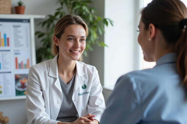 Nutricionista sonriendo y hablando con un paciente a través de una videollamada en una computadora, mostrando gráficos de nutrición en segundo plano.