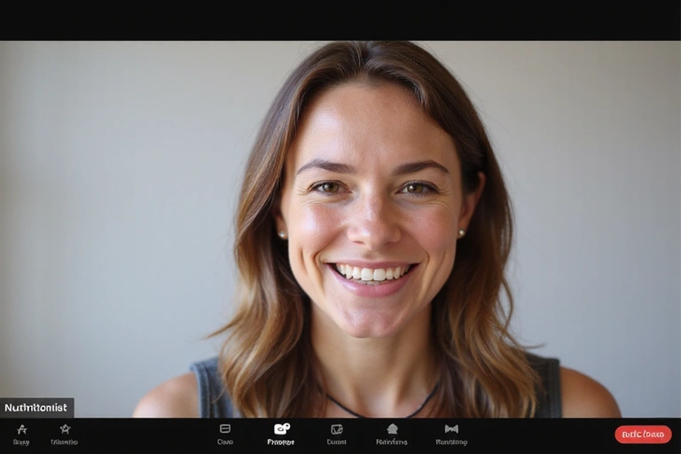 Una persona sonriente en una videollamada con un nutricionista, mostrando una actitud positiva y comprometida con su salud.
