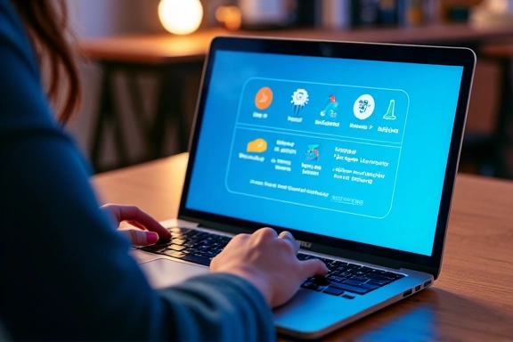 Persona usando un ordenador portátil con iconos de configuración y privacidad en la pantalla, simbolizando la gestión de la privacidad en línea.