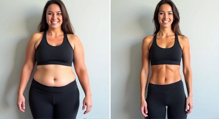 Mujer antes y después de una transformación física, sonriendo y con ropa deportiva