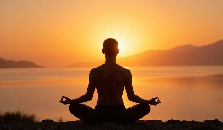 Persona meditando en una pose de loto al amanecer